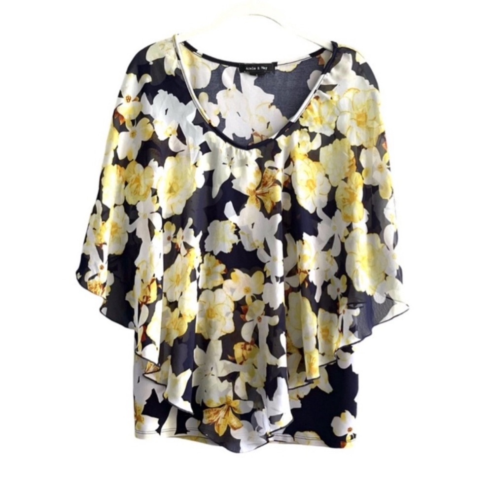Adele & May Flowing Floral Overlay Blouse Scoop Neck Black Yellow Size L